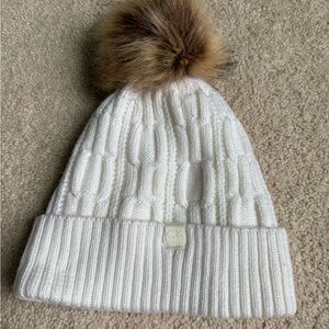 Calvin Klein Cream Beanie with Brown Faux Fur